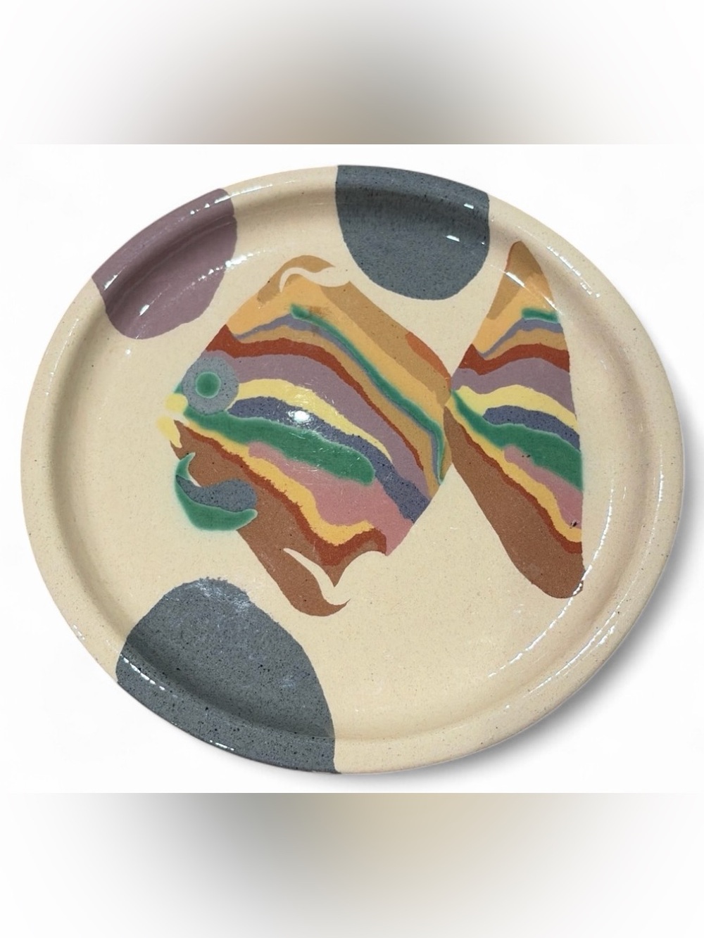 Jurg Lanzrein Vintage Handmade Studio Pottery Nautical Colorful Fish Dish Plate